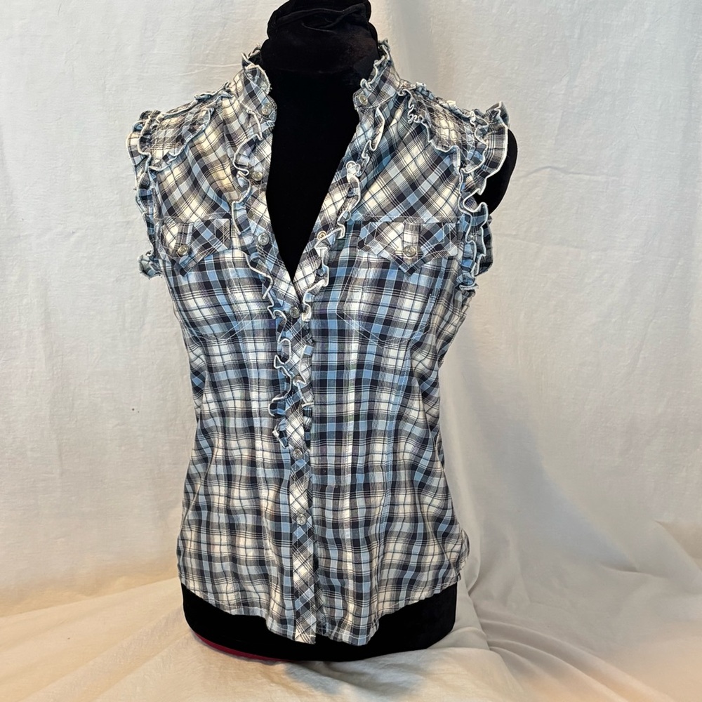 Parasuco Women's Ruffle Plaid Button-Down Shirt in Blue & White